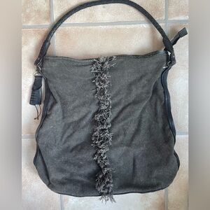 Free People Wilhelmina Canvas Leather Black / Gray/Denim Ruffle Boho Bucket Bag
